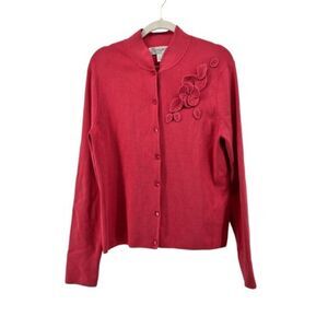 Vintage Elyse Hart LTD Silk‎ Blend Cardigan Floral Applique Button Front Red M